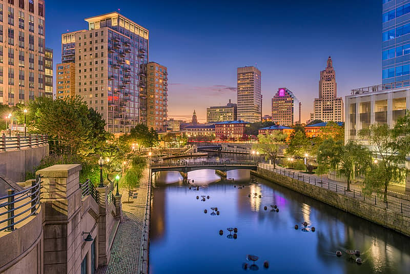 skyline view of Providence, Rhode Island at dusk