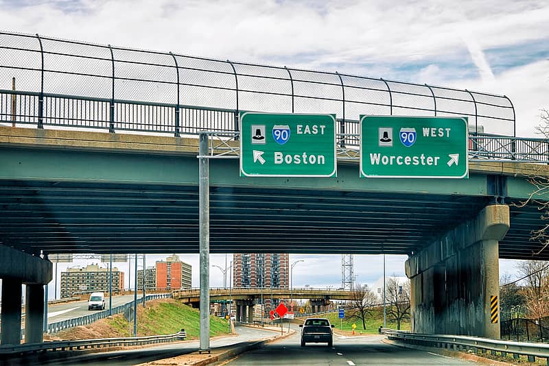 highway signs leading to Boston or Worcester, MA, USA