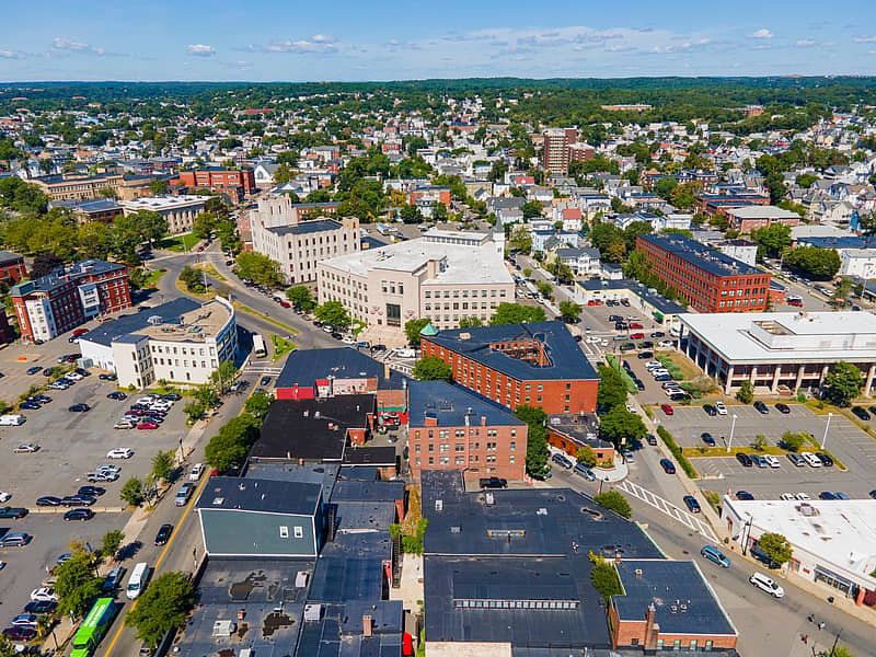 Lynn City Hall aerial view at 3 City Hall Square in historic downtown Lynn, Massachusetts MA, USA
