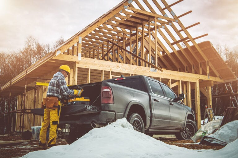 construction worker working from a pickup truck