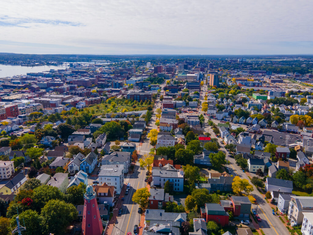 aerial view of portland maine's homes and community