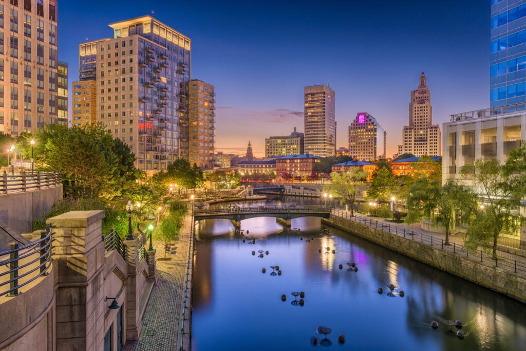 skyline view of Providence, Rhode Island at dusk