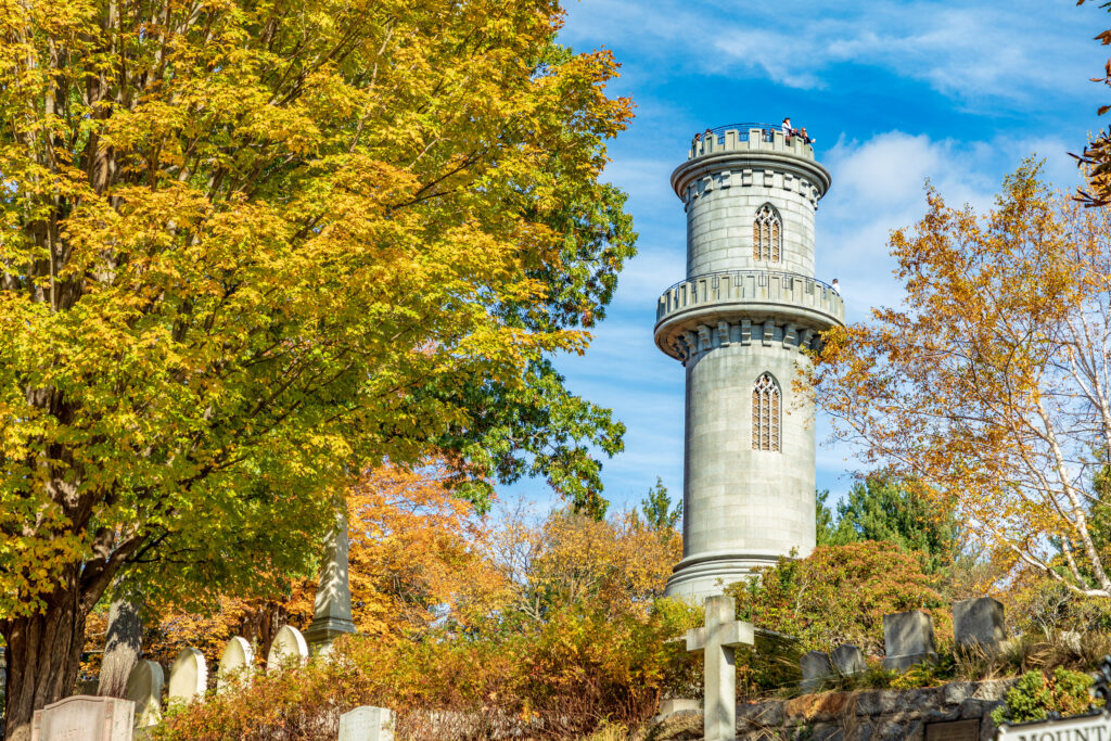 view of tower in Mt. Auburn Cemetery in Cambridge, Massachusetts