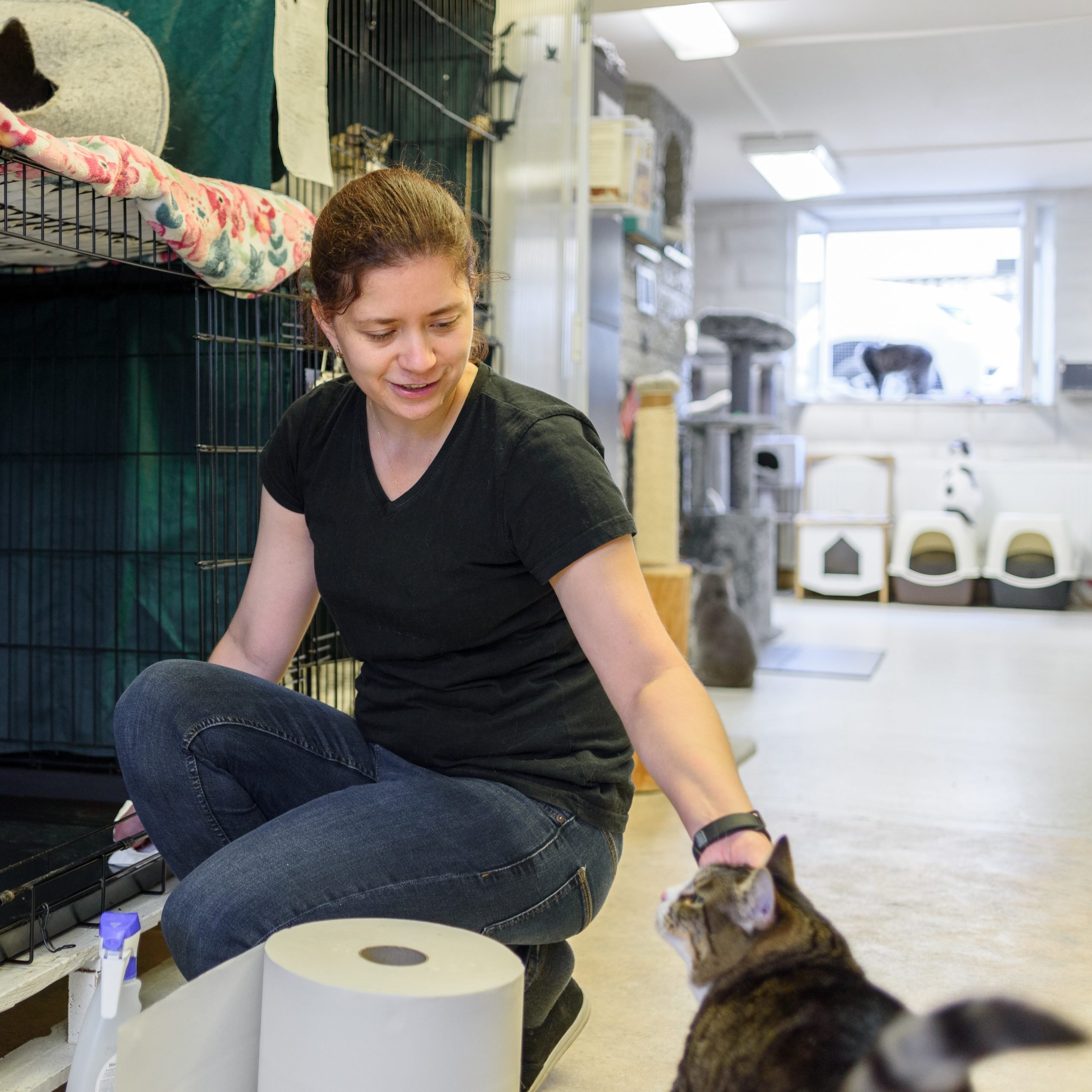 non-profit worker packing clothes into a box
