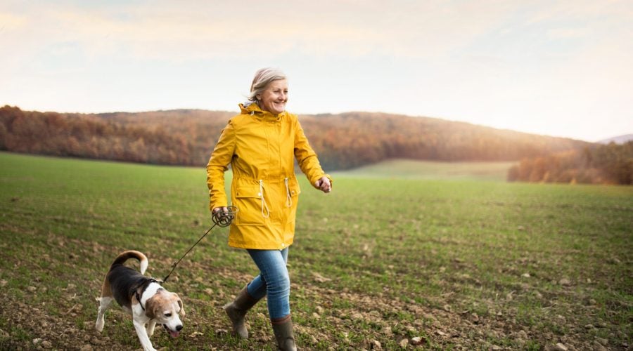 Active senior woman with dog on a walk in a beautiful autumn nature.